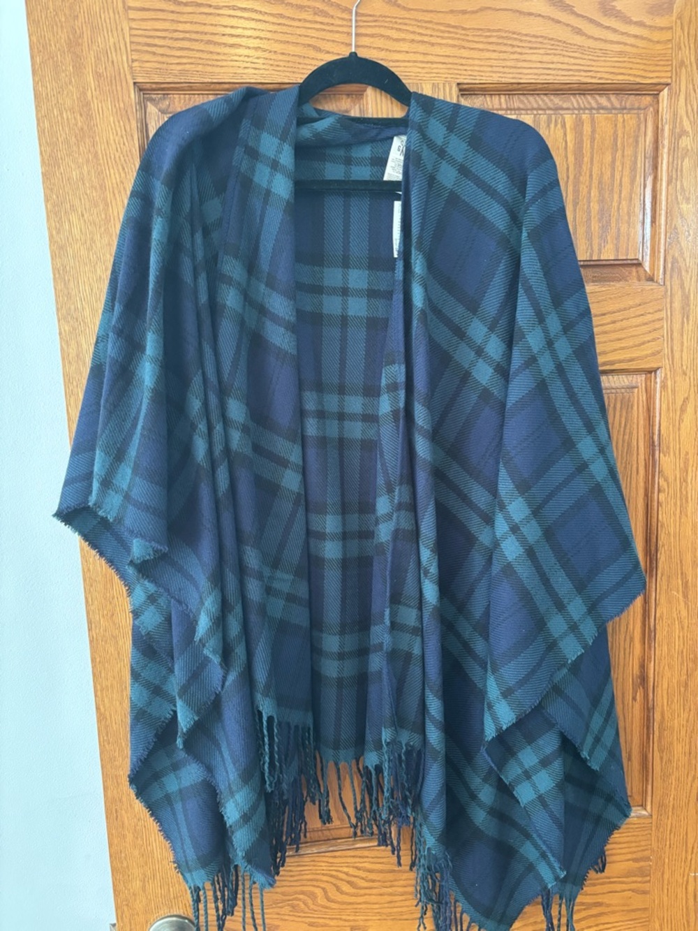 Plaid Fringe Wrap Shawl - Blue Green Tartan